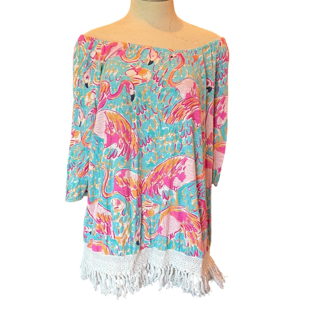 Lilly Pulitzer Flamingo Print Tassel Hem Tunic Top Sz Small Off Shoulder Cotton